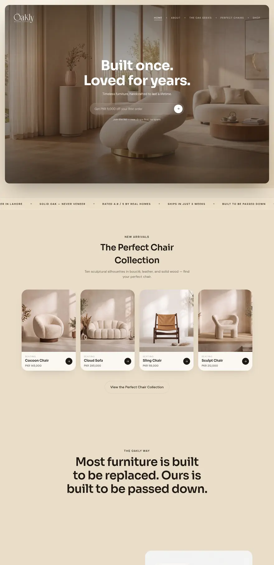 Oakly furniture site homepage